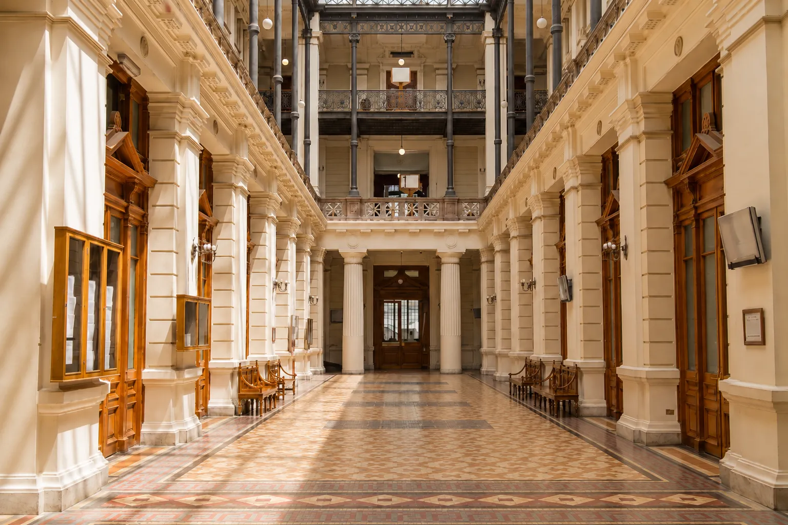 Interior neoclasico de un edificio institucional con columnas y atrio, evocando el entorno de los litigios